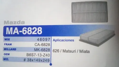 FILTRO DE AIRE MARTIN BROTHERS 6828 MAZDA 626 / MIATA /  FORD LASER